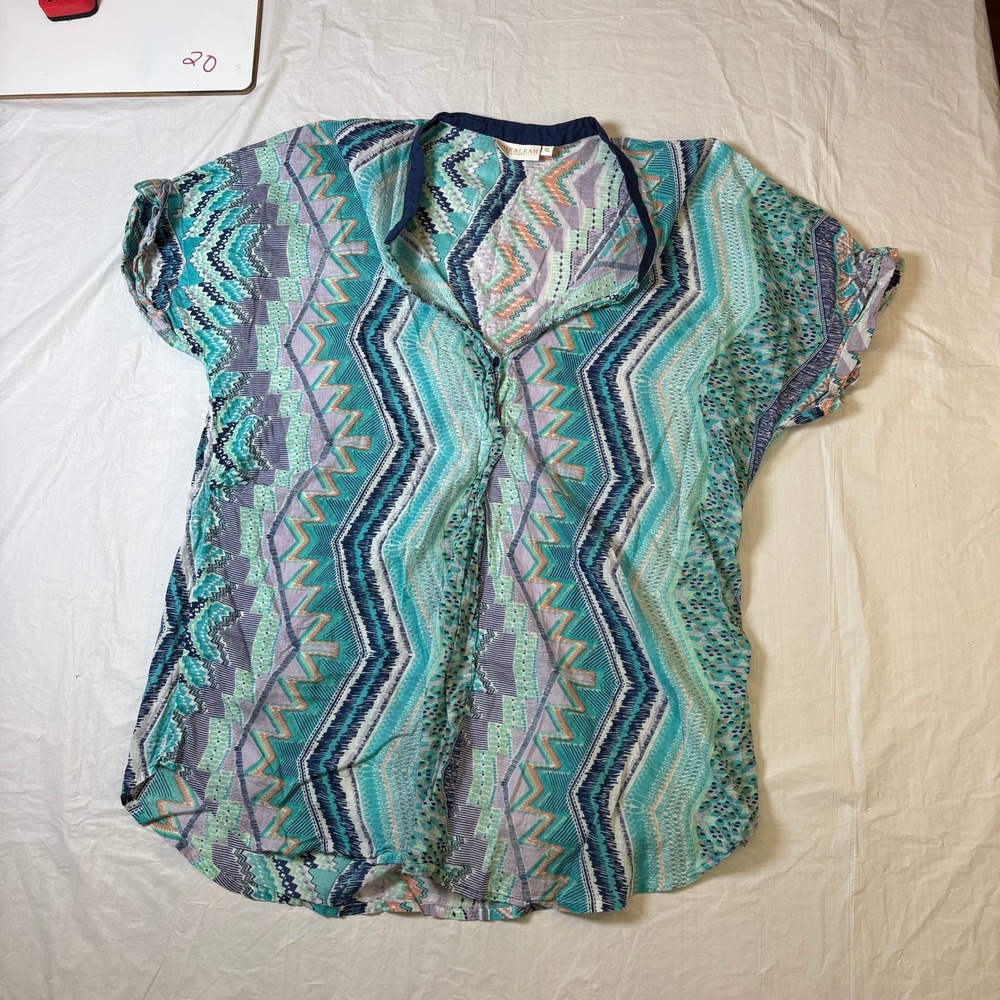 SHIRALEAH CHICAGO Womens Tunic Top XL Geometric Print Short Sleeve Button Down